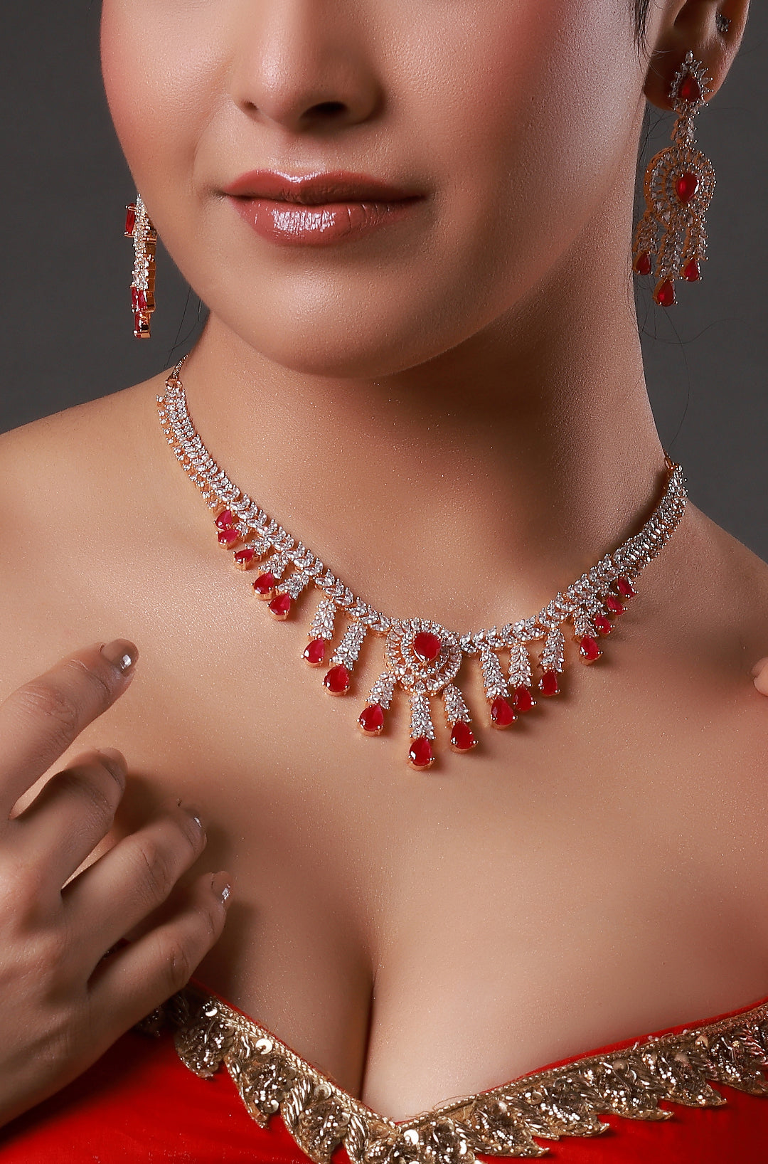White Finish Zircon & Synthetic Ruby Necklace