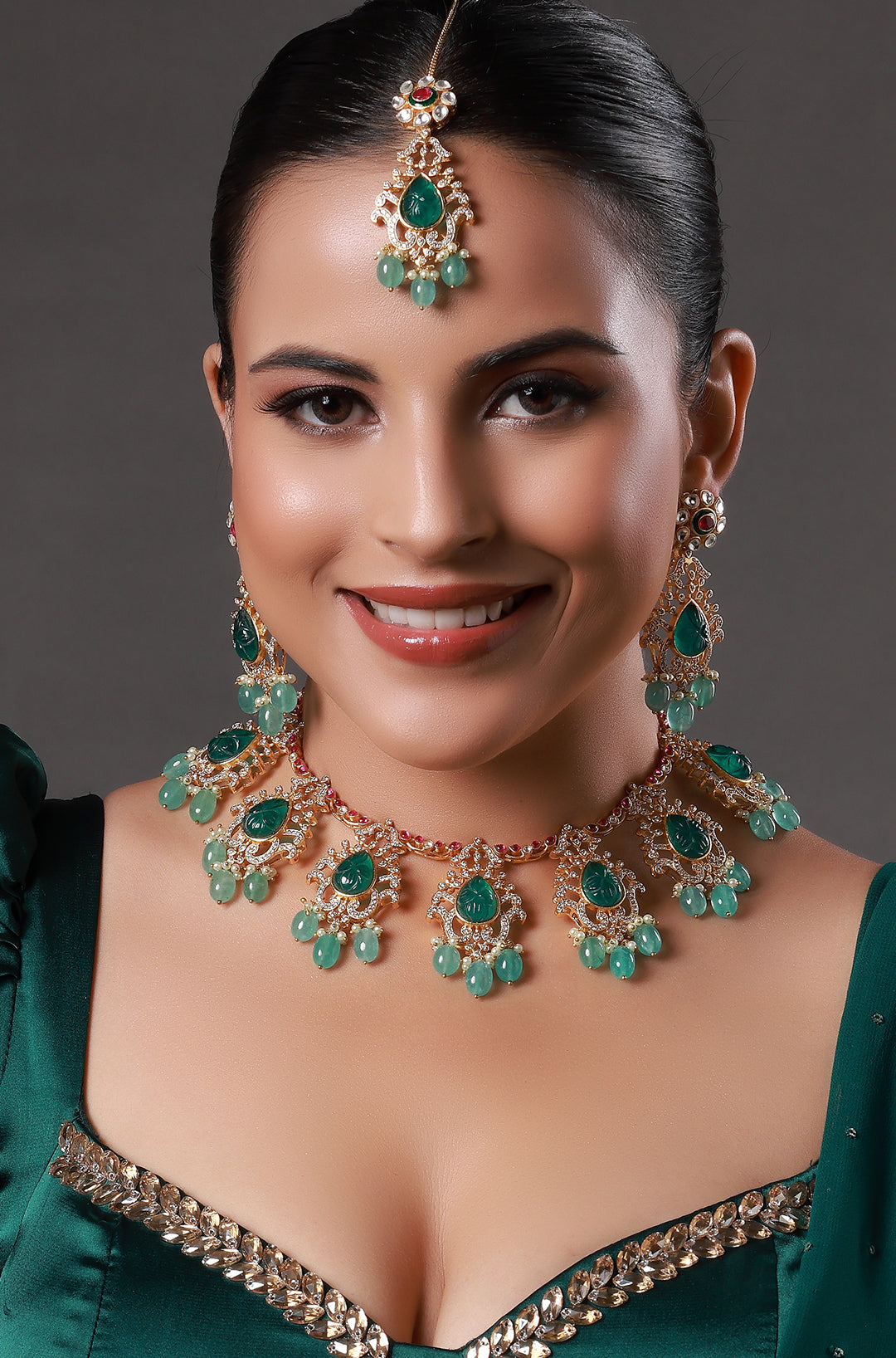 Mokshi Polki Necklace with Long Earrings & Maang Tika