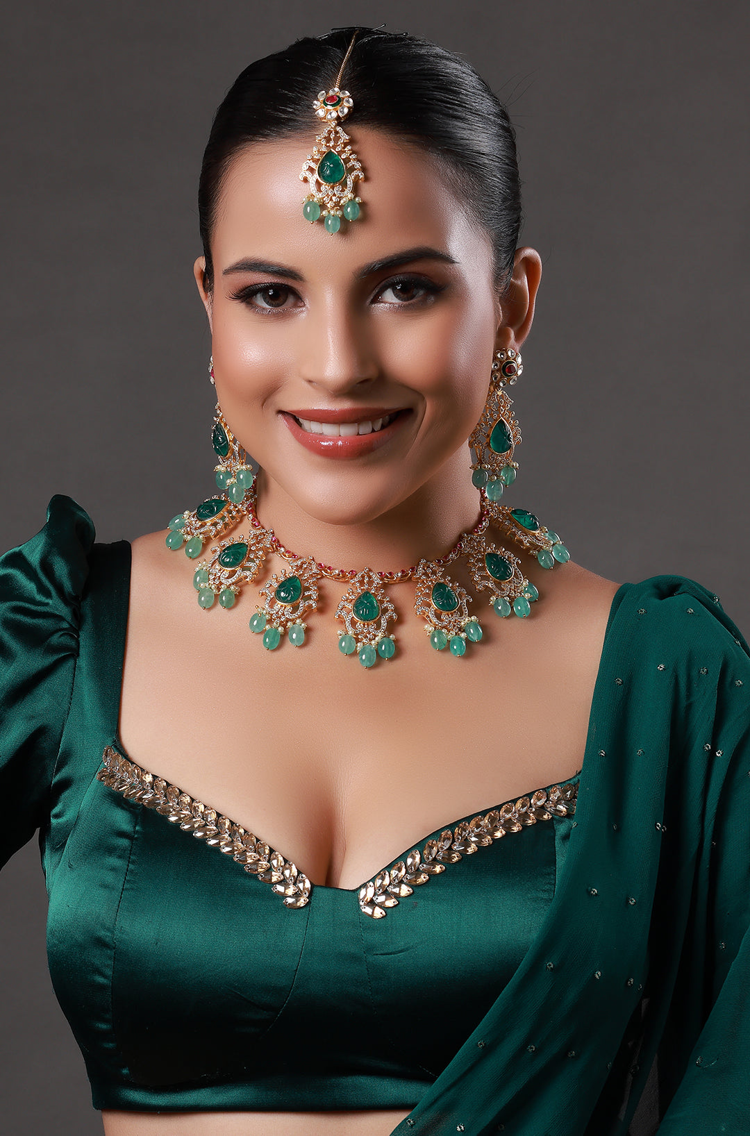 Mokshi Polki Necklace with Long Earrings & Maang Tika
