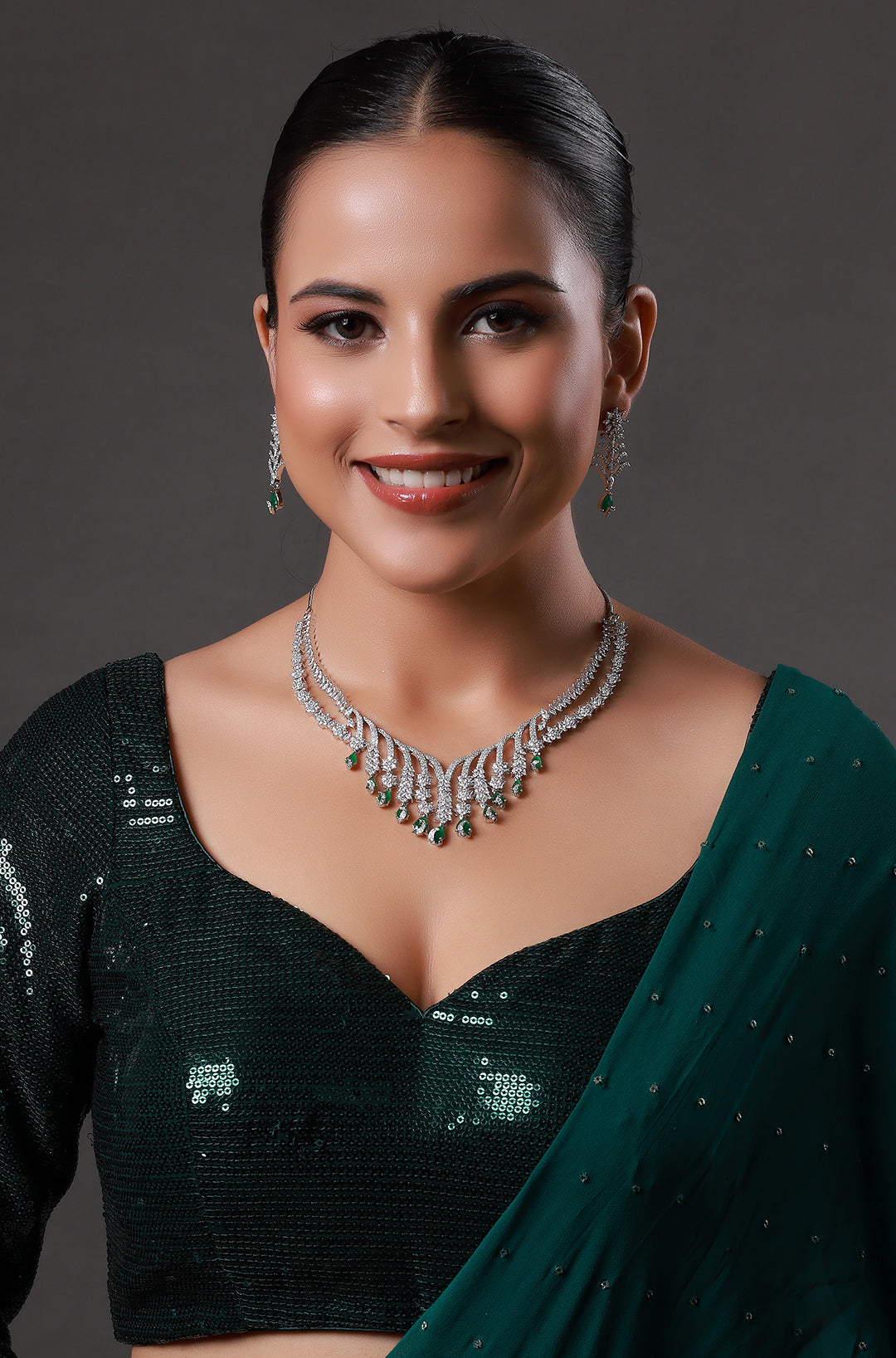 White Finish Zircon & Emerald Necklace