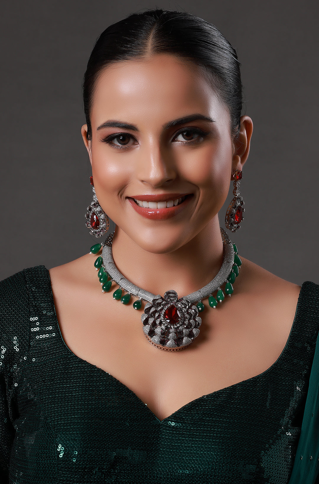 Silver Finish Red & Green Stone Necklace
