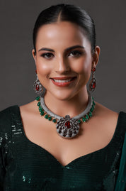 Silver Finish Red & Green Stone Necklace