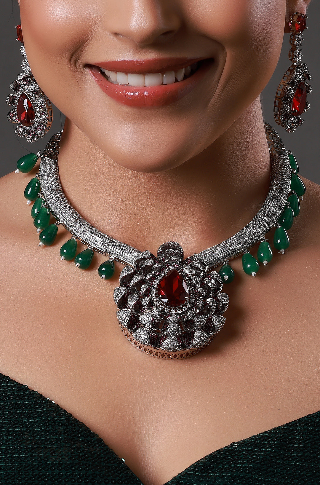 Silver Finish Red & Green Stone Necklace