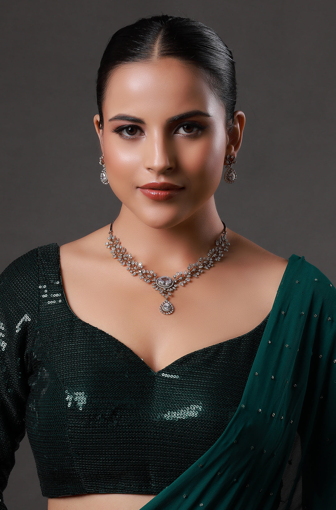 Floral American Diamond Silver Plated Necklace