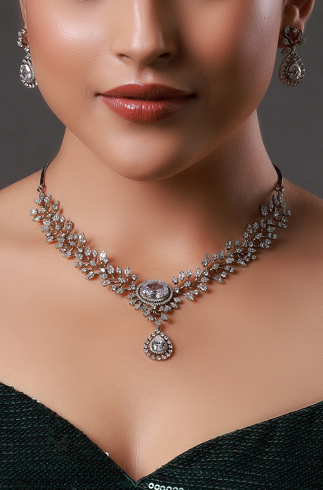Floral American Diamond Silver Plated Necklace