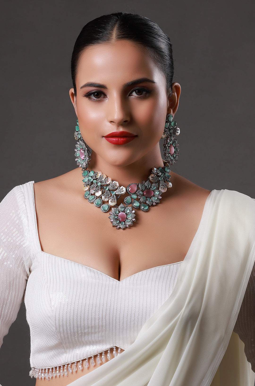 Gold Finish Blue & Pink Stones Baroque Necklace