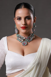 Gold Finish Blue & Pink Stones Baroque Necklace