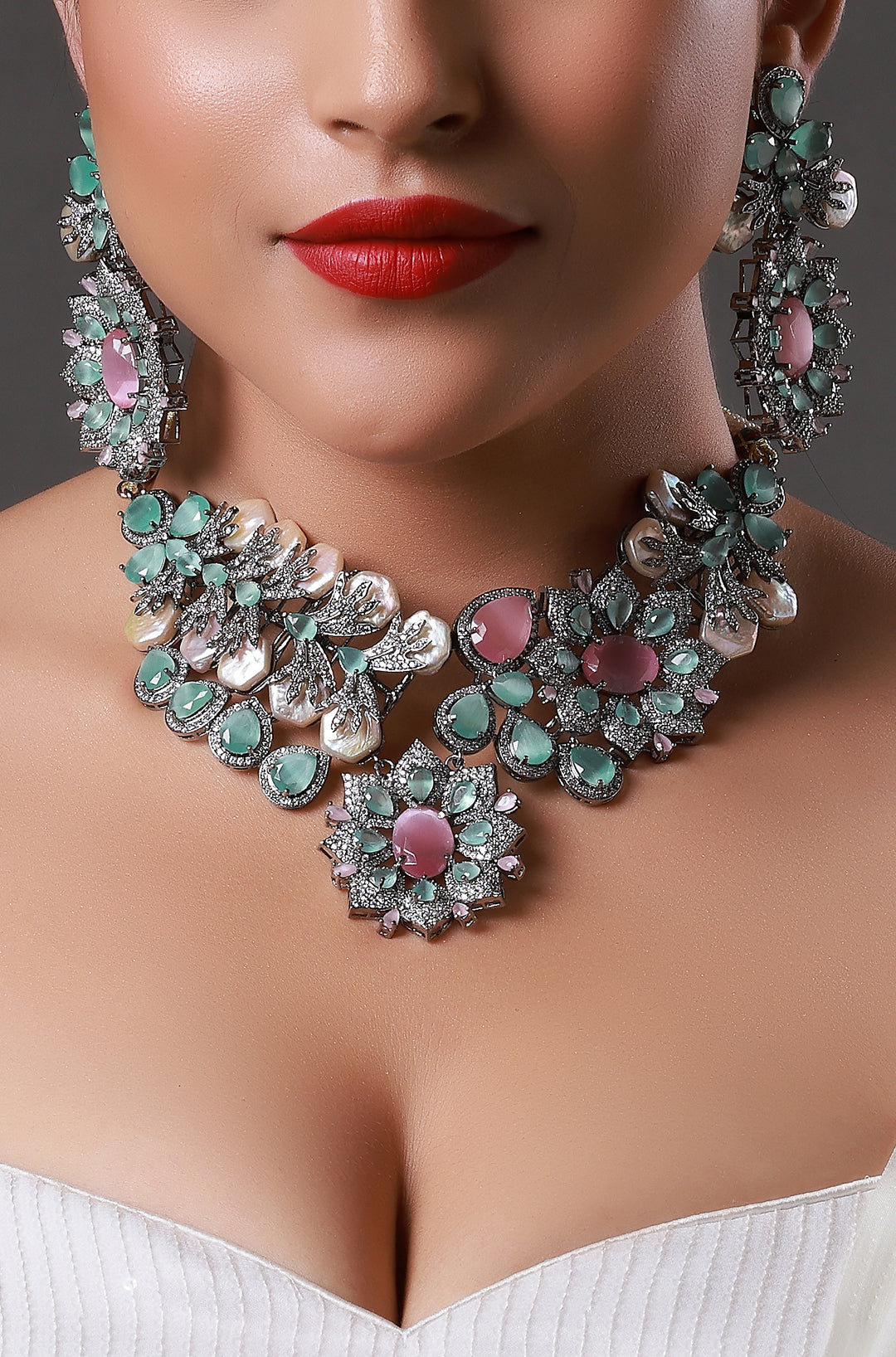 Gold Finish Blue & Pink Stones Baroque Necklace