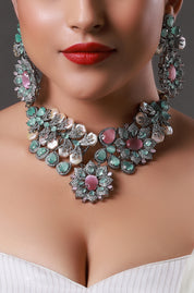 Gold Finish Blue & Pink Stones Baroque Necklace