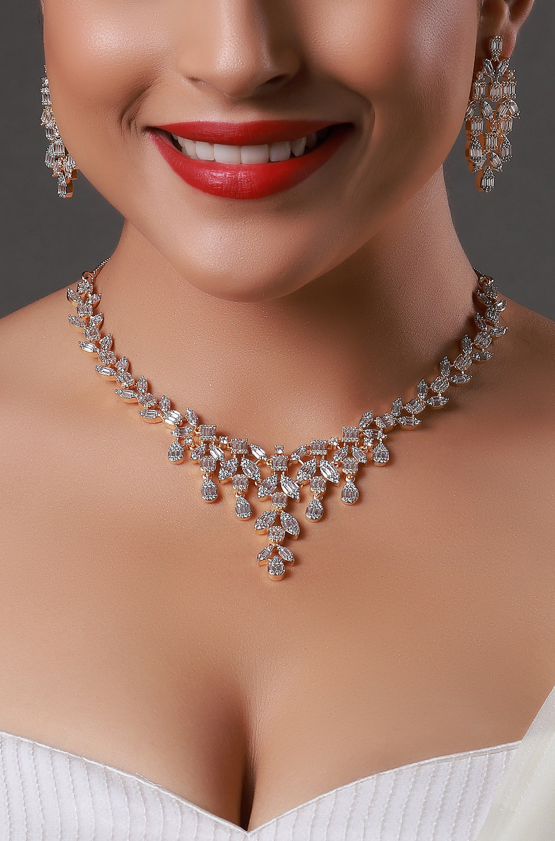 Dazzling Cubic Zirconia Floral Brass Necklace