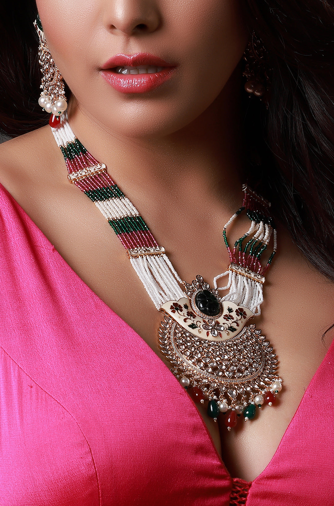 Three-Tone Finish Red Kundan Polki Long Necklace