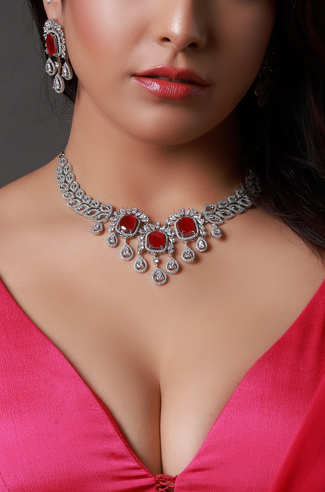 CZ Elegance Pink Teardrop Cut Necklace