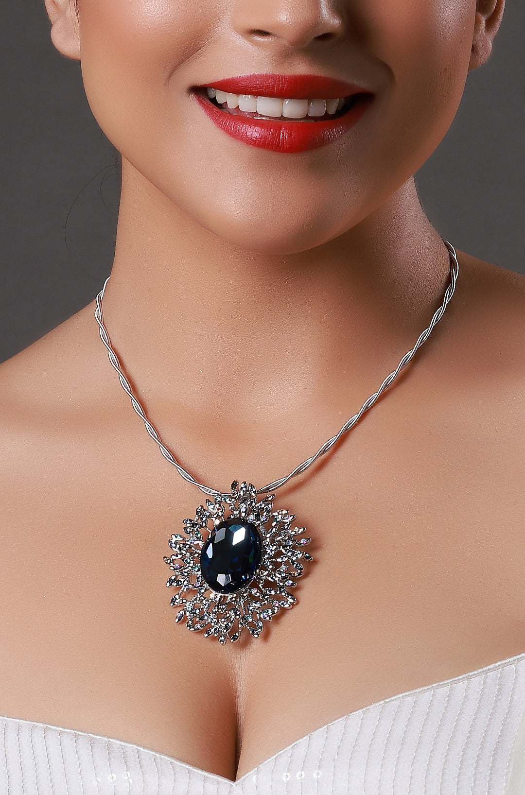 Natural AA Black Crystal Halo and White Topaz Silver Pendant Necklace