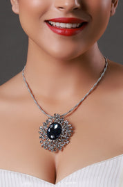 Natural AA Black Crystal Halo and White Topaz Silver Pendant Necklace
