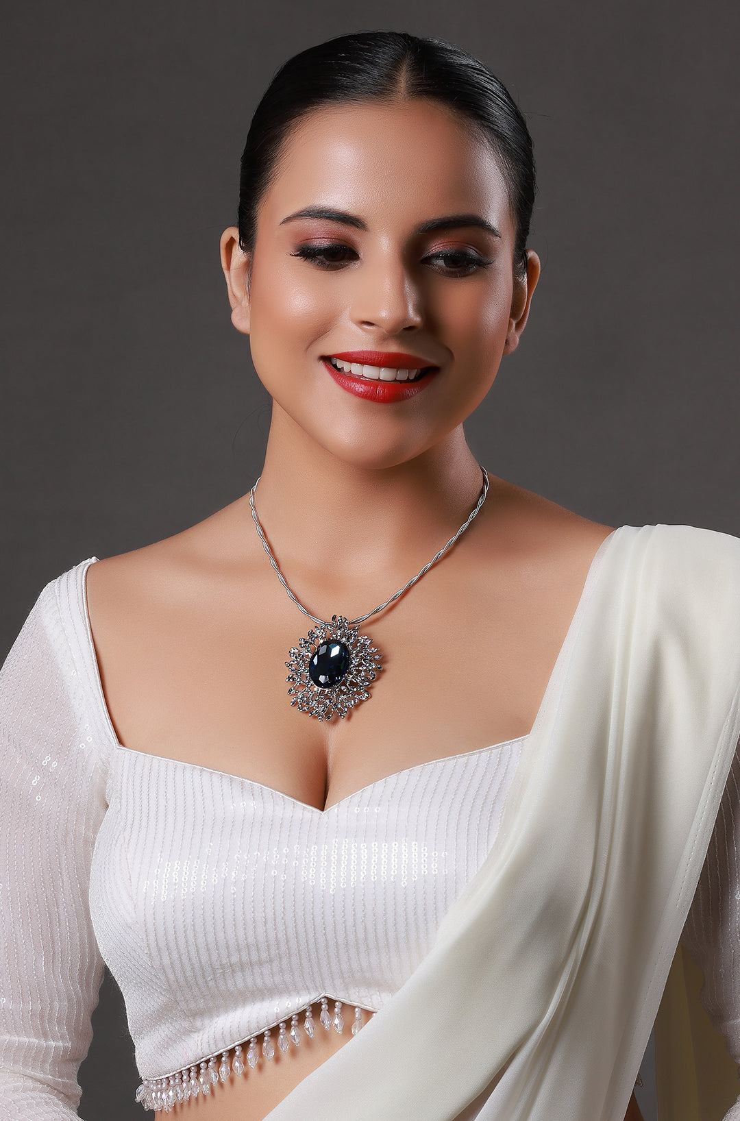 Natural AA Black Crystal Halo and White Topaz Silver Pendant Necklace
