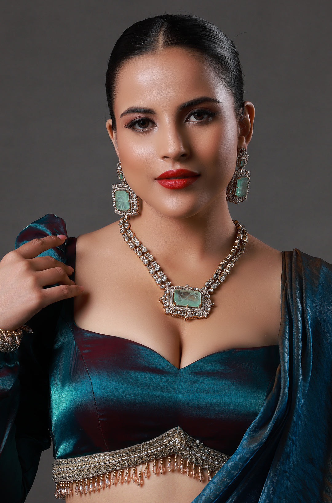 Mint Green Stone Silver And Gold Kundan Necklace