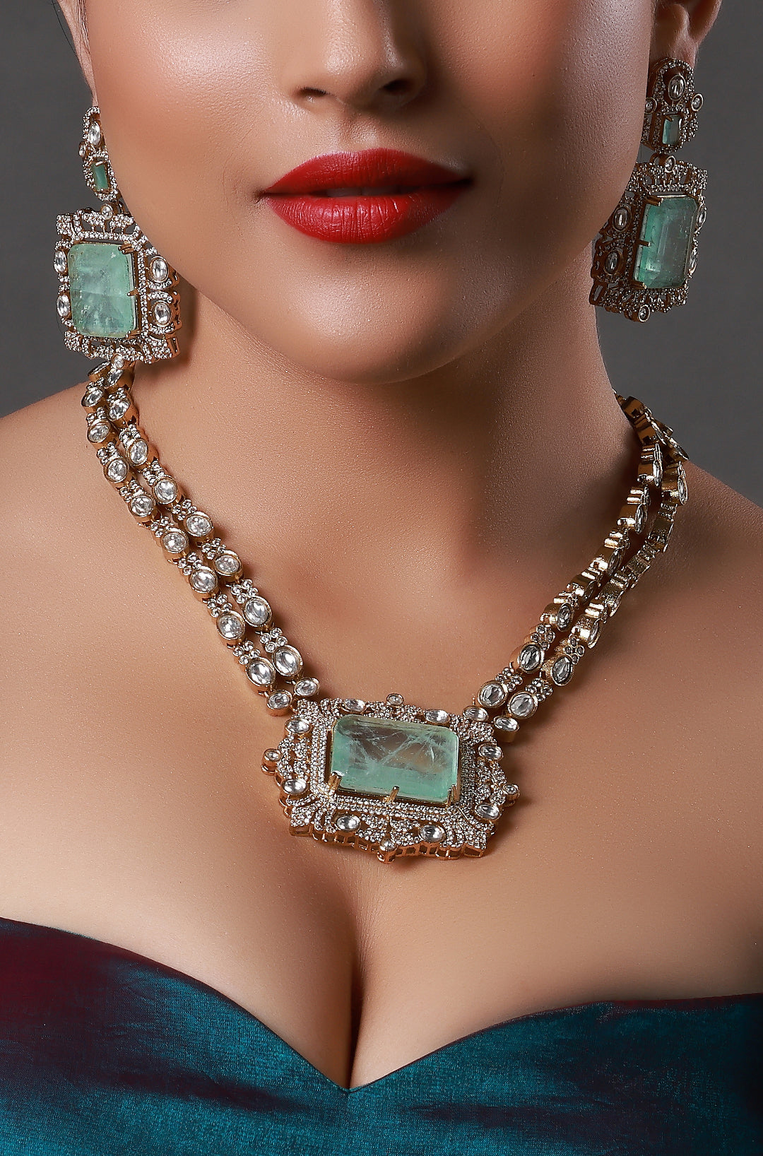 Mint Green Stone Silver And Gold Kundan Necklace