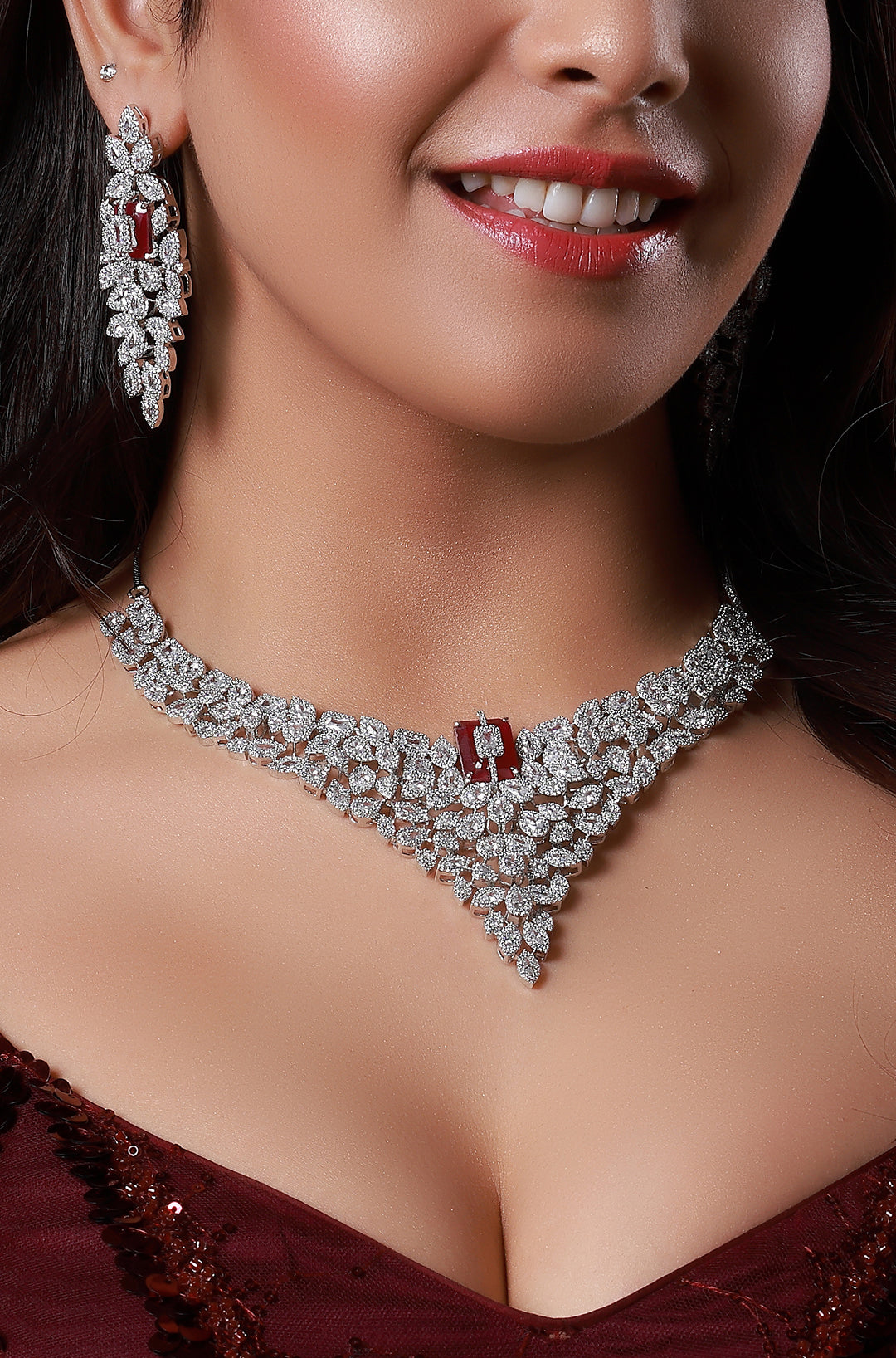 Maroon Rhodium Gold Plated Ethnic Zircon Necklace