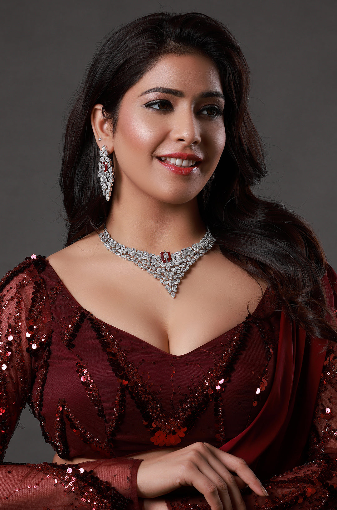 Maroon Rhodium Gold Plated Ethnic Zircon Necklace