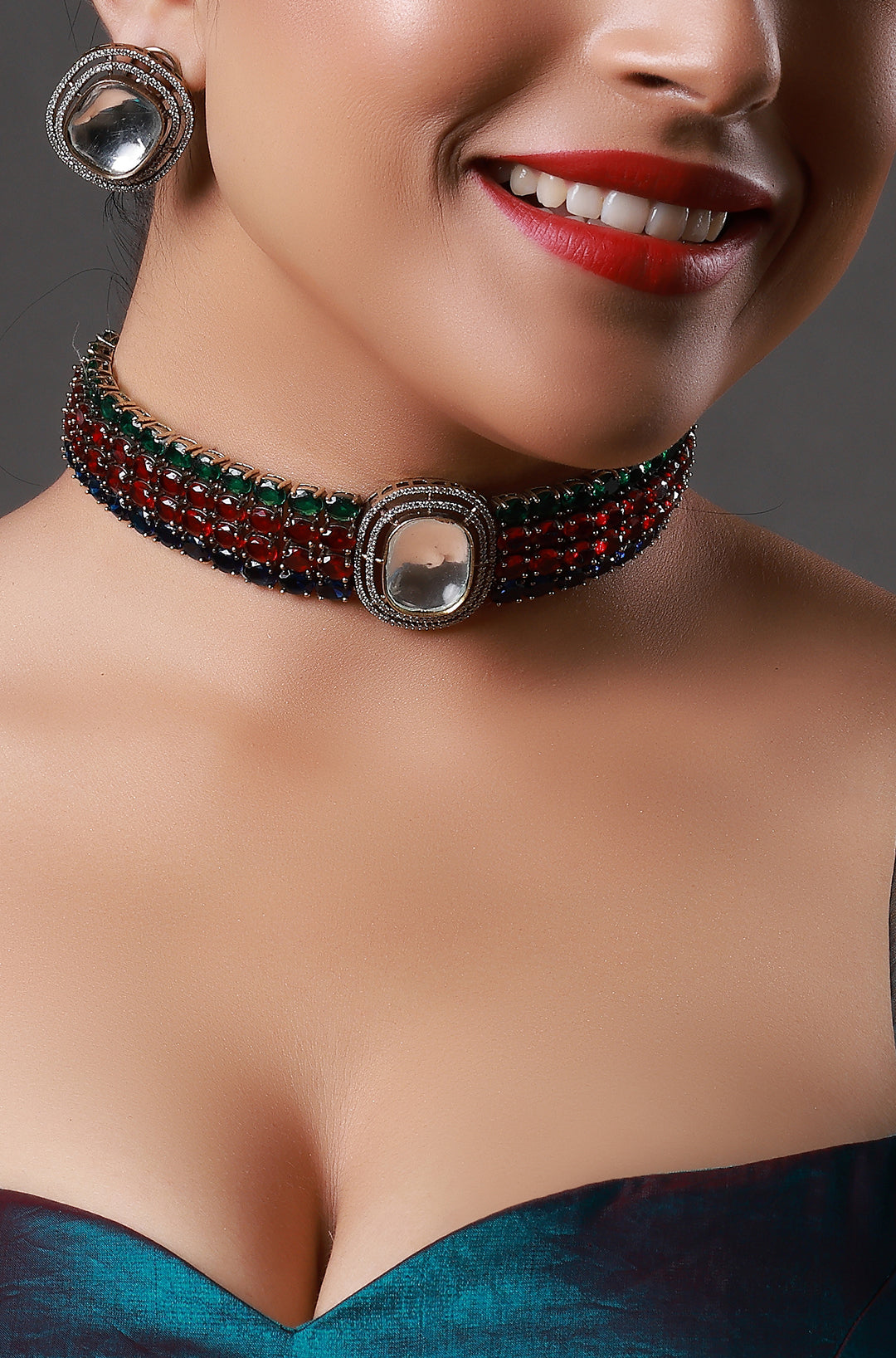 Square Shape Kundan Polki Pendant CZ With Kundan Gold Plated Choker Necklace