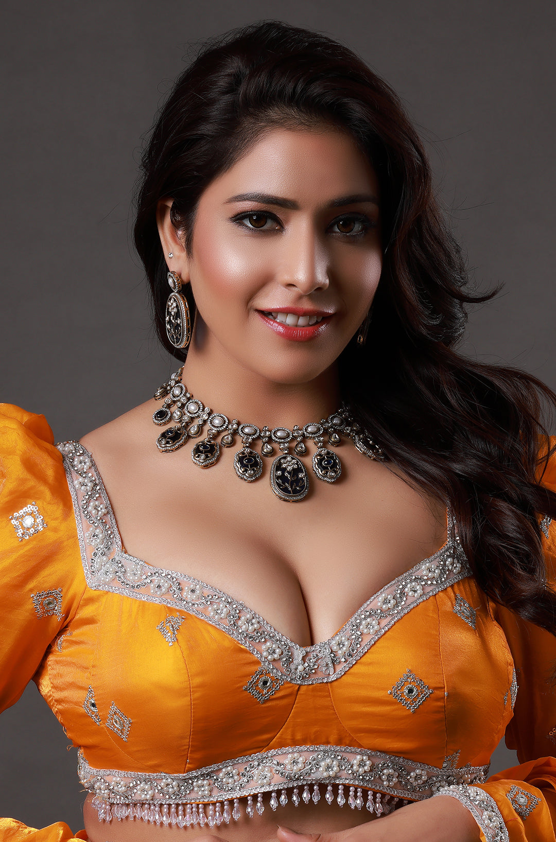 Oxidized Meenakari Silver Plated Pearl Studded Necklace