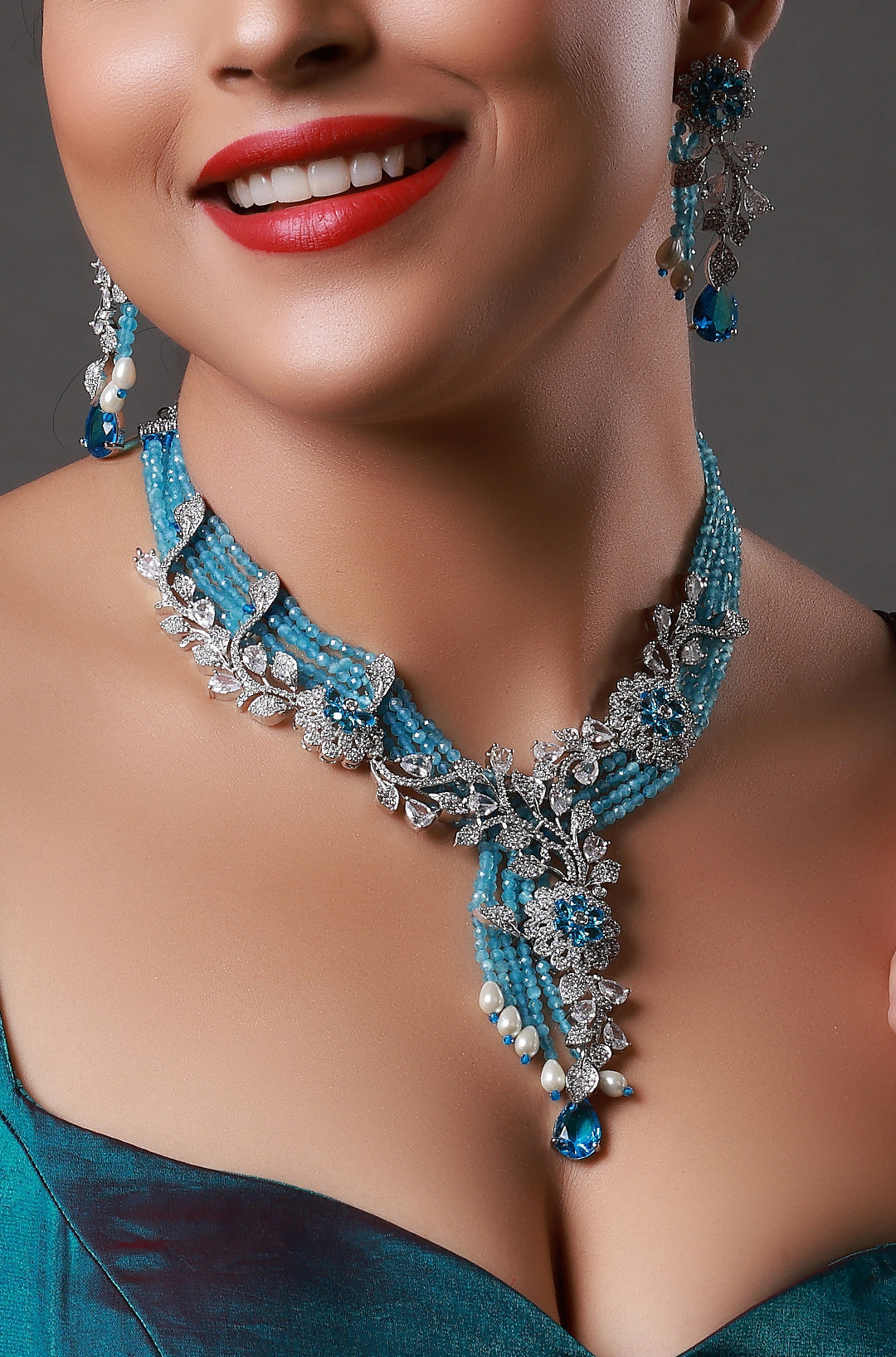Silver-Tone CZ Sky Blue-White Oval Stone Flower with Bead Layered Necklace
