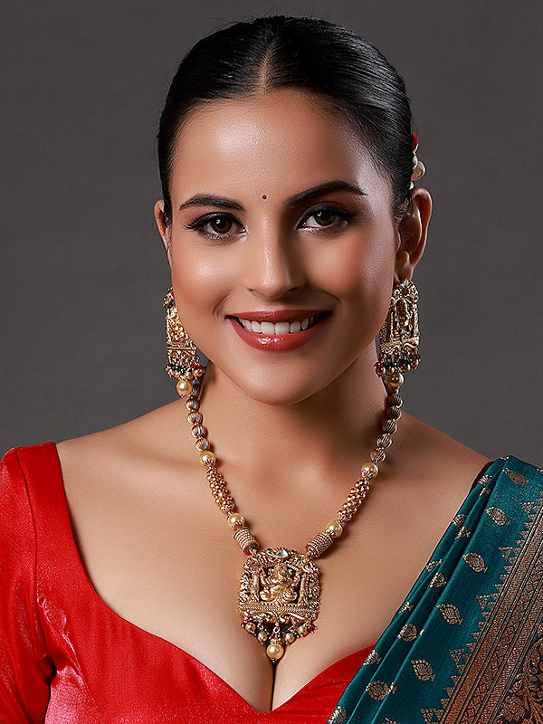 Ganesha Mala Matte Gold Traditional Polki Pearl Necklace
