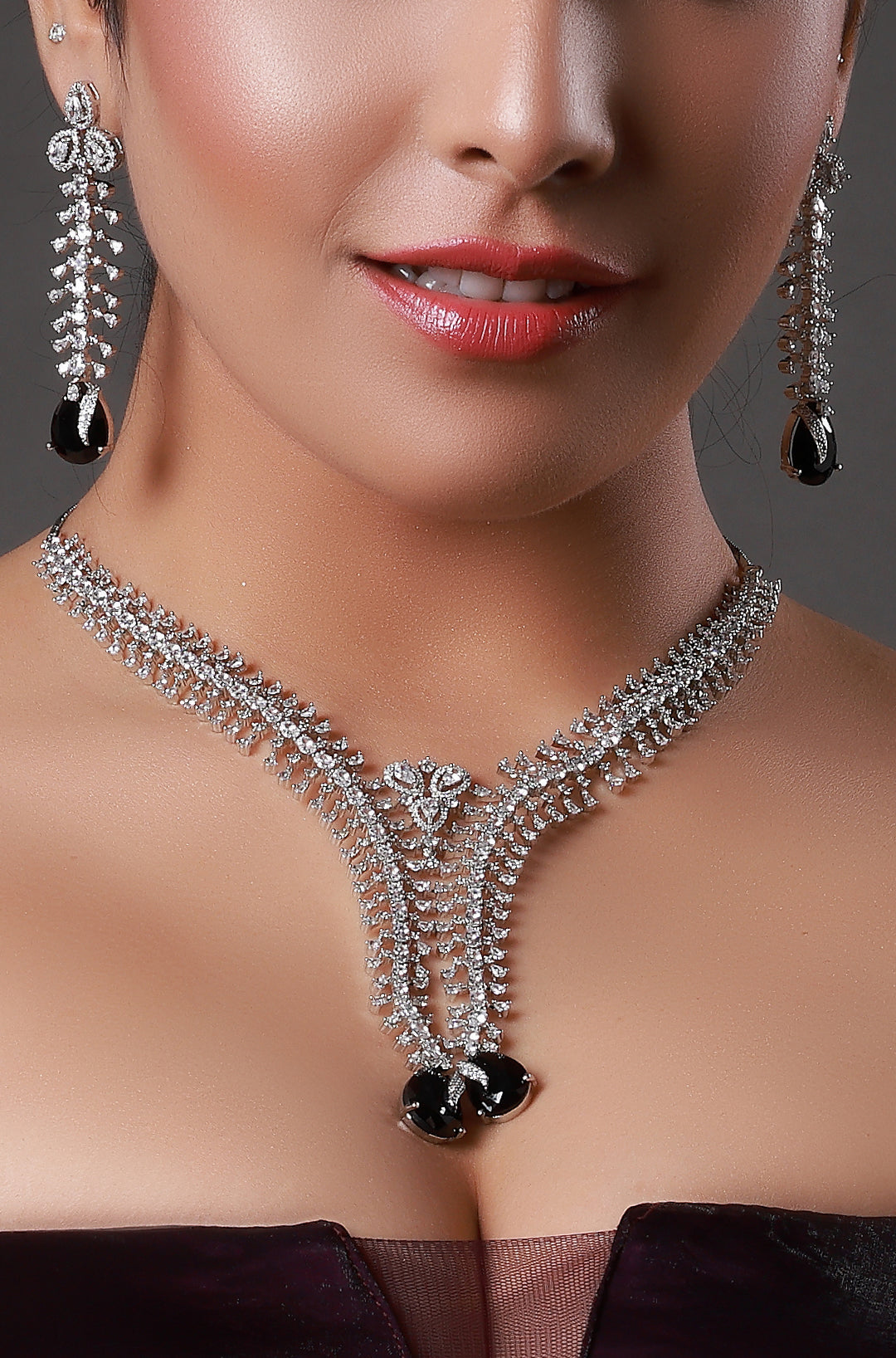 White Finish Zircon & Purple Stone Necklace