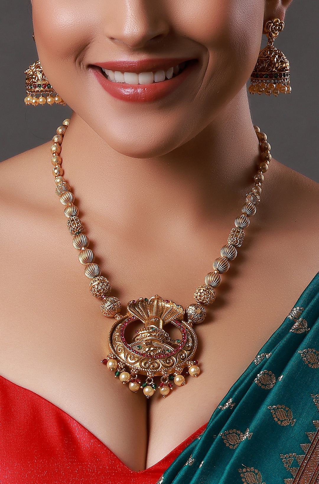 Gheru and Gold Polished Shiv Linga Idol Beautiful Necklace with Gold Beads