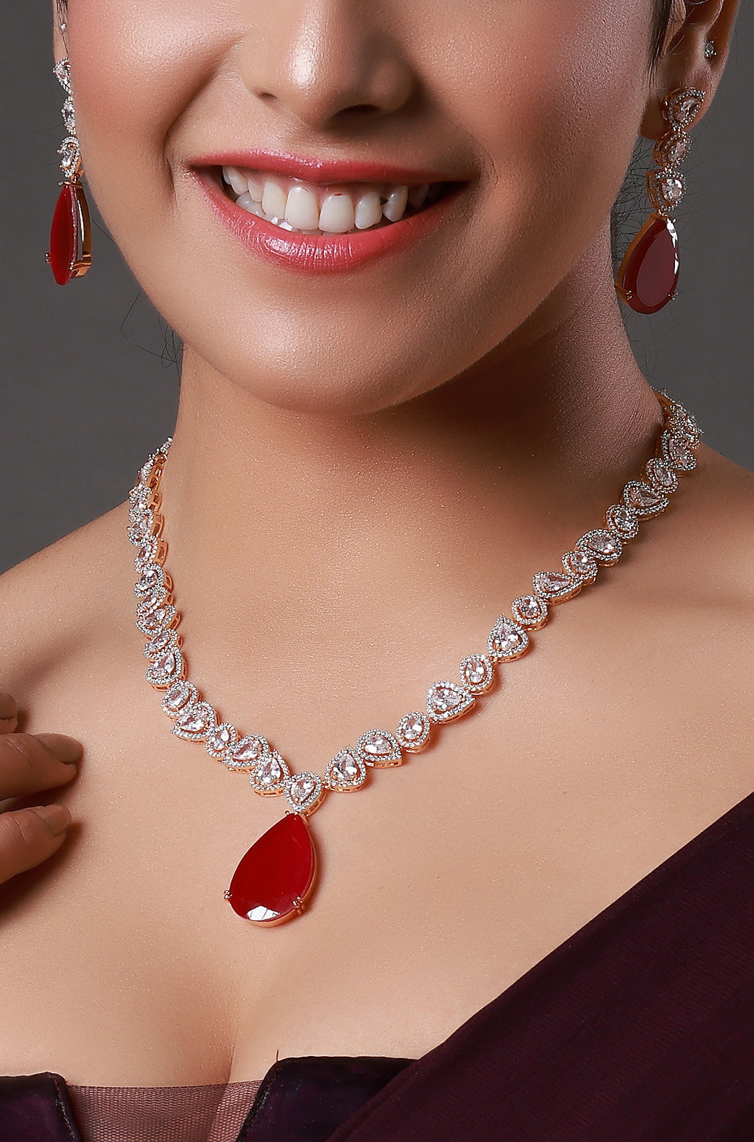Red Teardrop Leaf American Diamond Silver-Plated Necklace