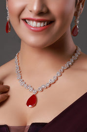 Red Teardrop Leaf American Diamond Silver-Plated Necklace