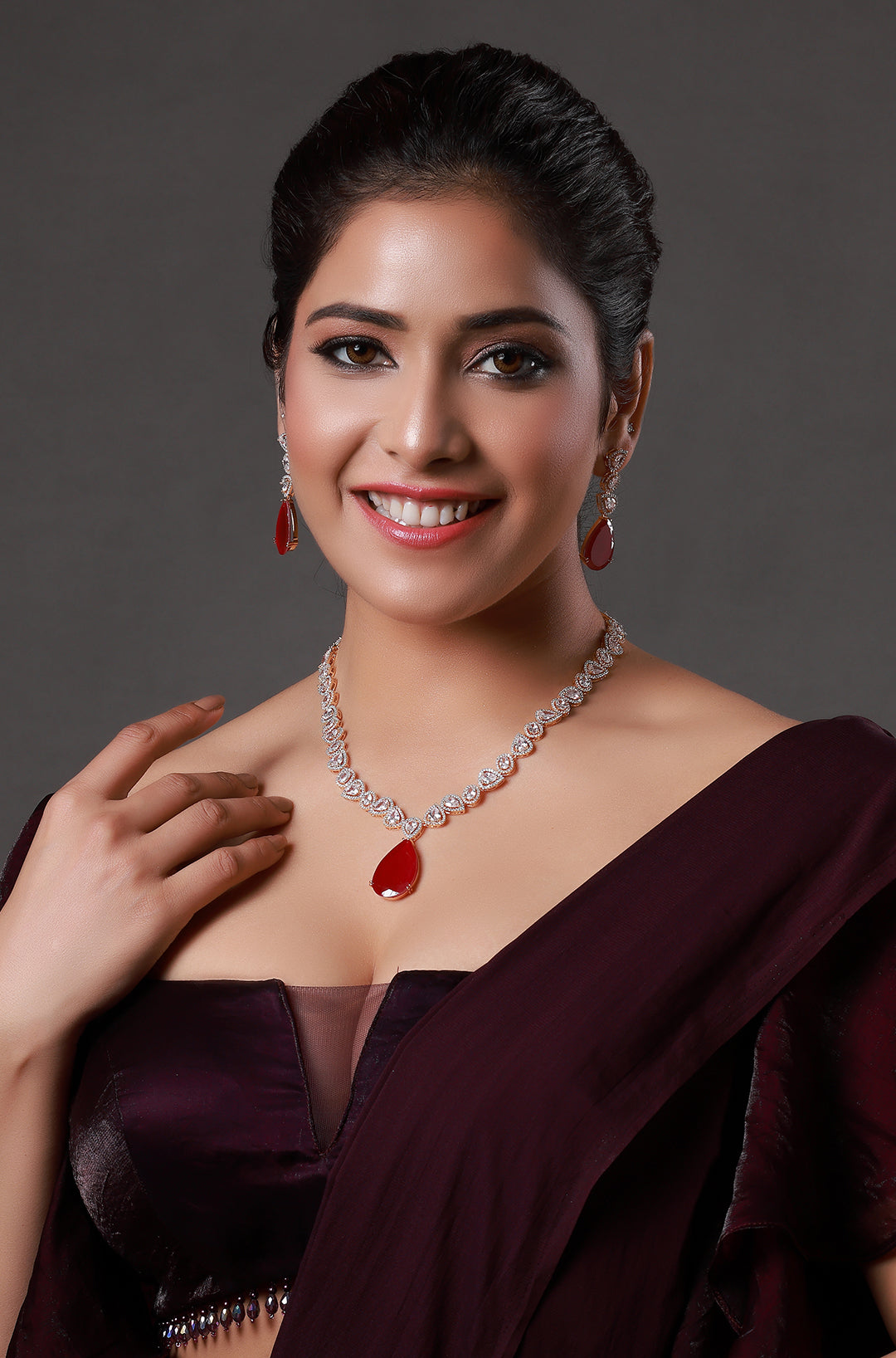 Red Teardrop Leaf American Diamond Silver-Plated Necklace