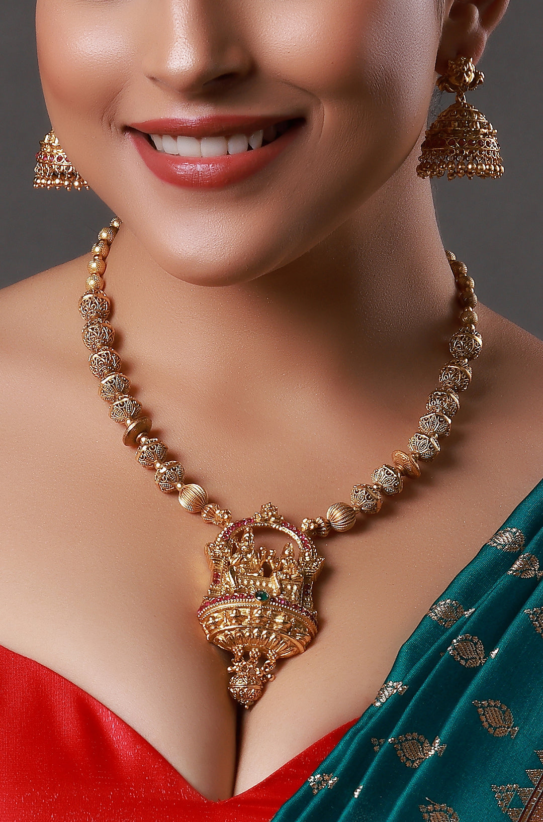 Ganesha Mala Matte Gold Traditional Polki Pearl Necklace