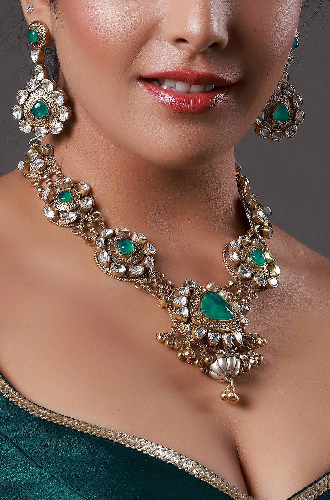 Gold Plated Light Emerald Green Stone Uncut Moissanite Kundan Necklace