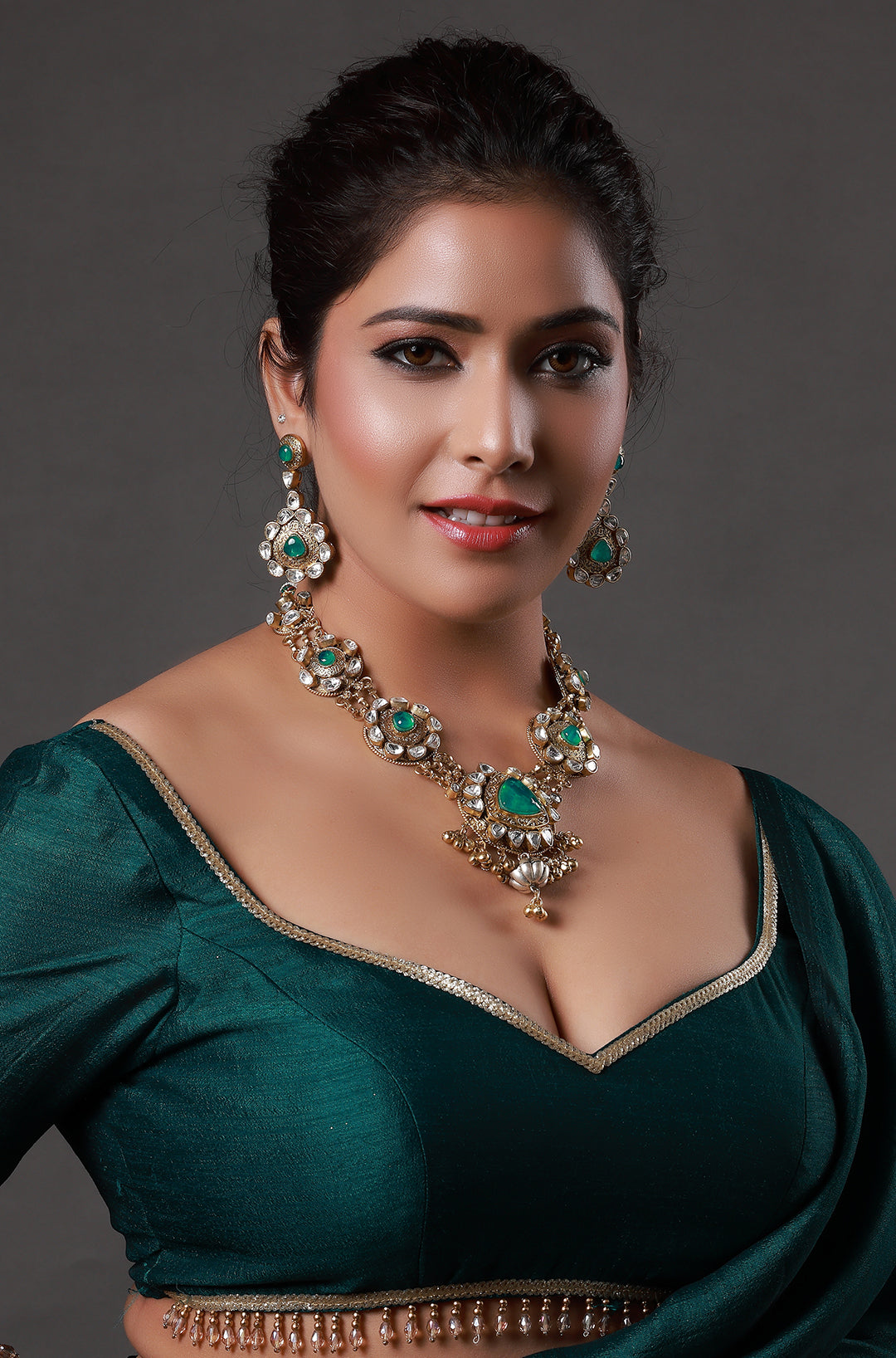 Gold Plated Light Emerald Green Stone Uncut Moissanite Kundan Necklace