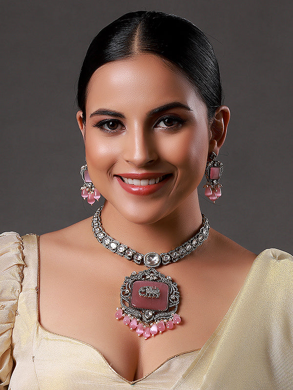 Victorian Pastel Pink Stone with Elephant Embellished Kundan Necklace
