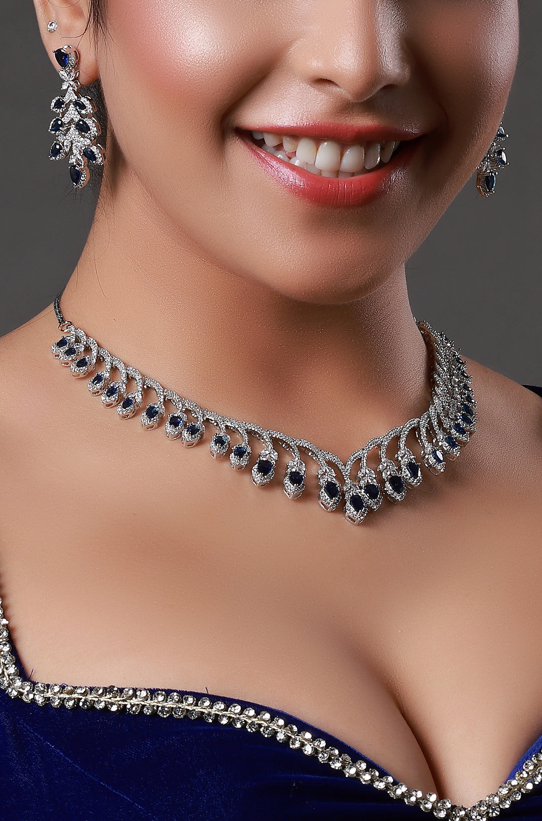 Gold-Plated Blue American Diamond Stone-Studded Necklace