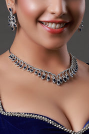 Gold-Plated Blue American Diamond Stone-Studded Necklace