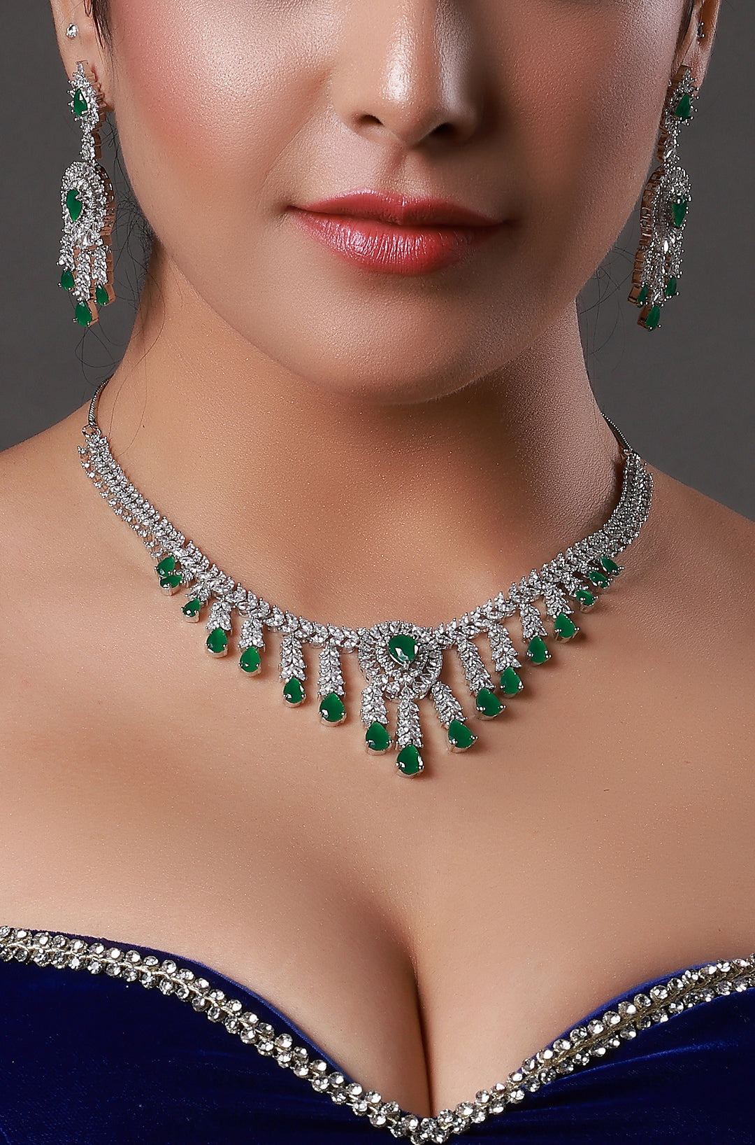 Bottle Green Stone Embellished American Diamond Necklace