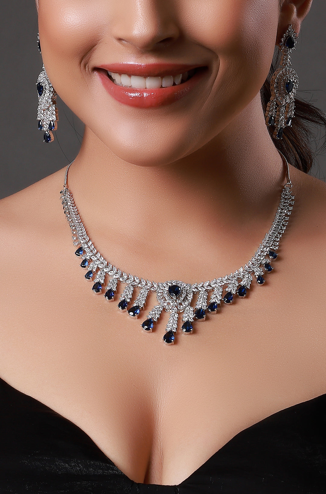 Navy Blue Stone Embellished American Diamond Necklace