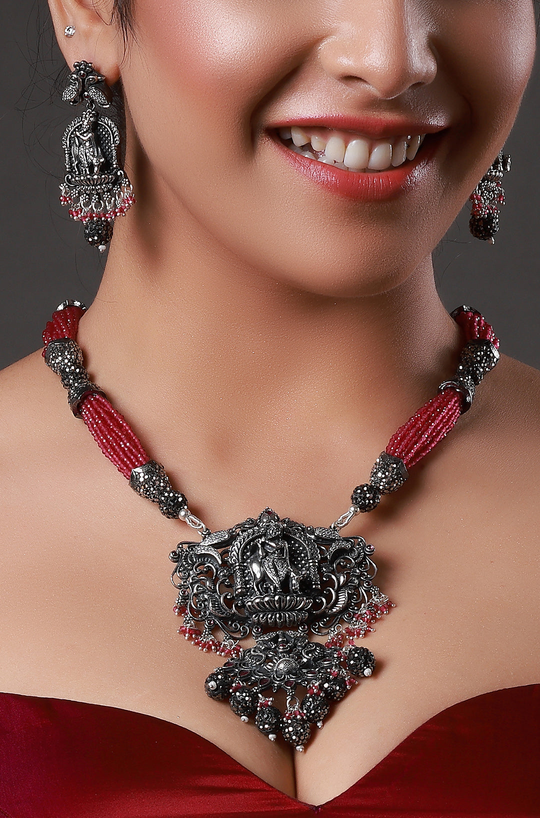 Red Multilayer Oxidized Lord Krishna Necklace