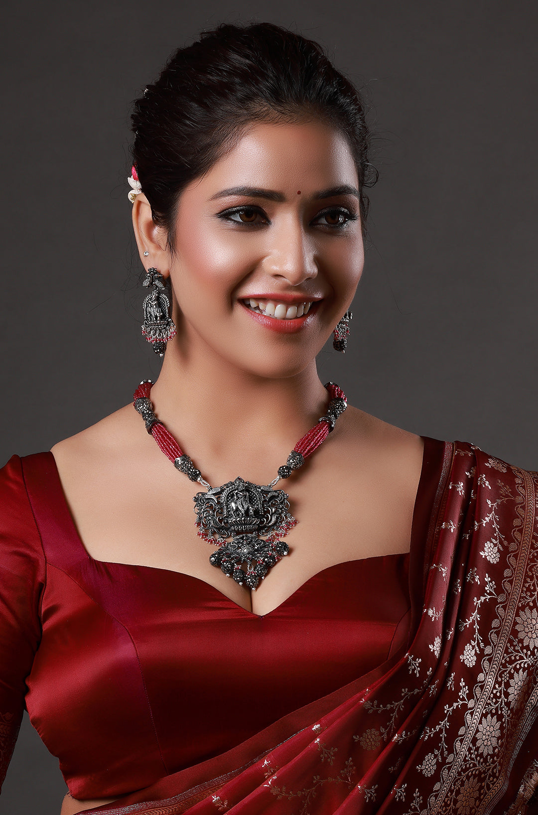 Red Multilayer Oxidized Lord Krishna Necklace