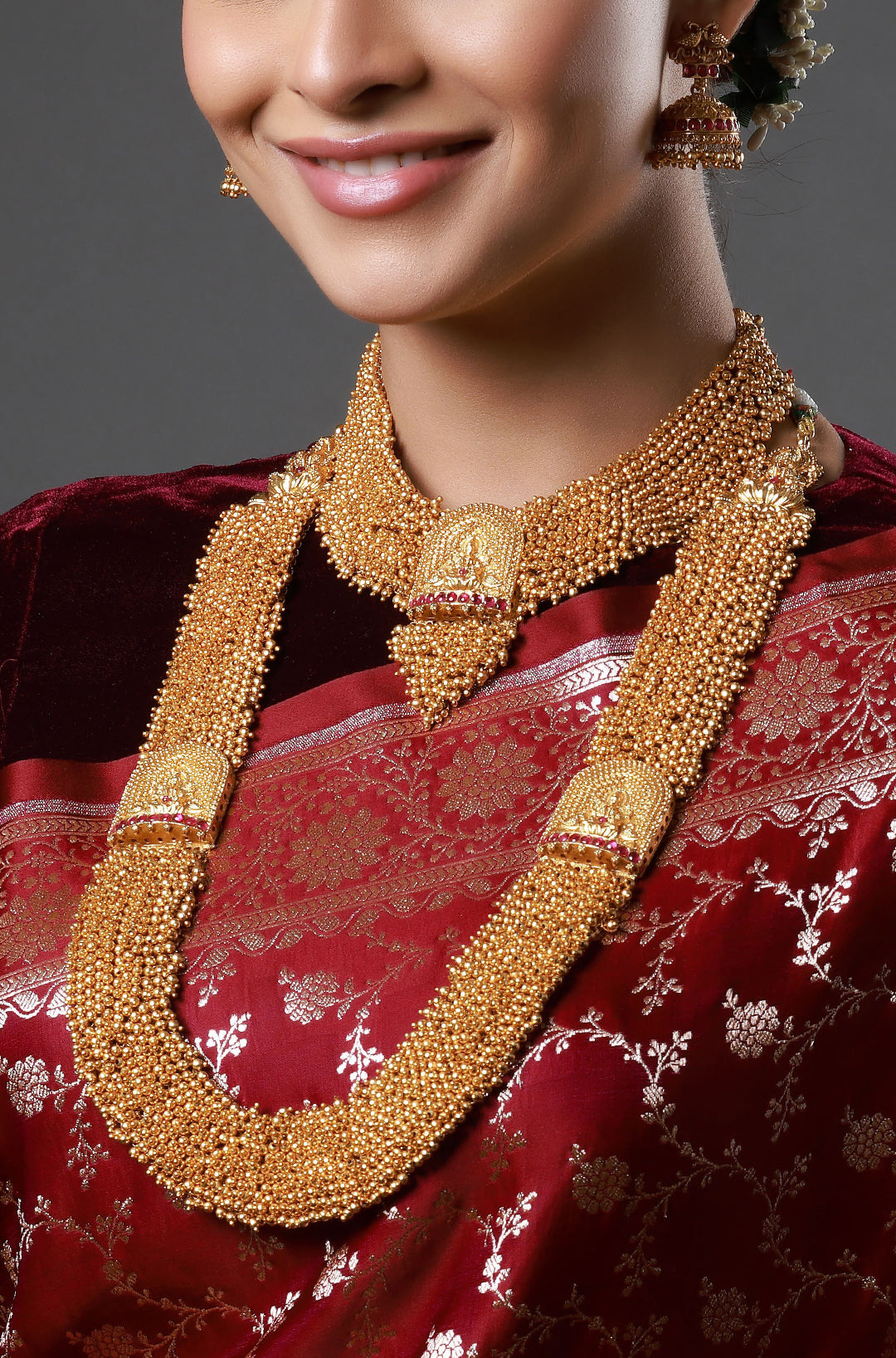 Gold Polish & Beaded Goddess Lakshmi Beautiful Long Temple Necklace