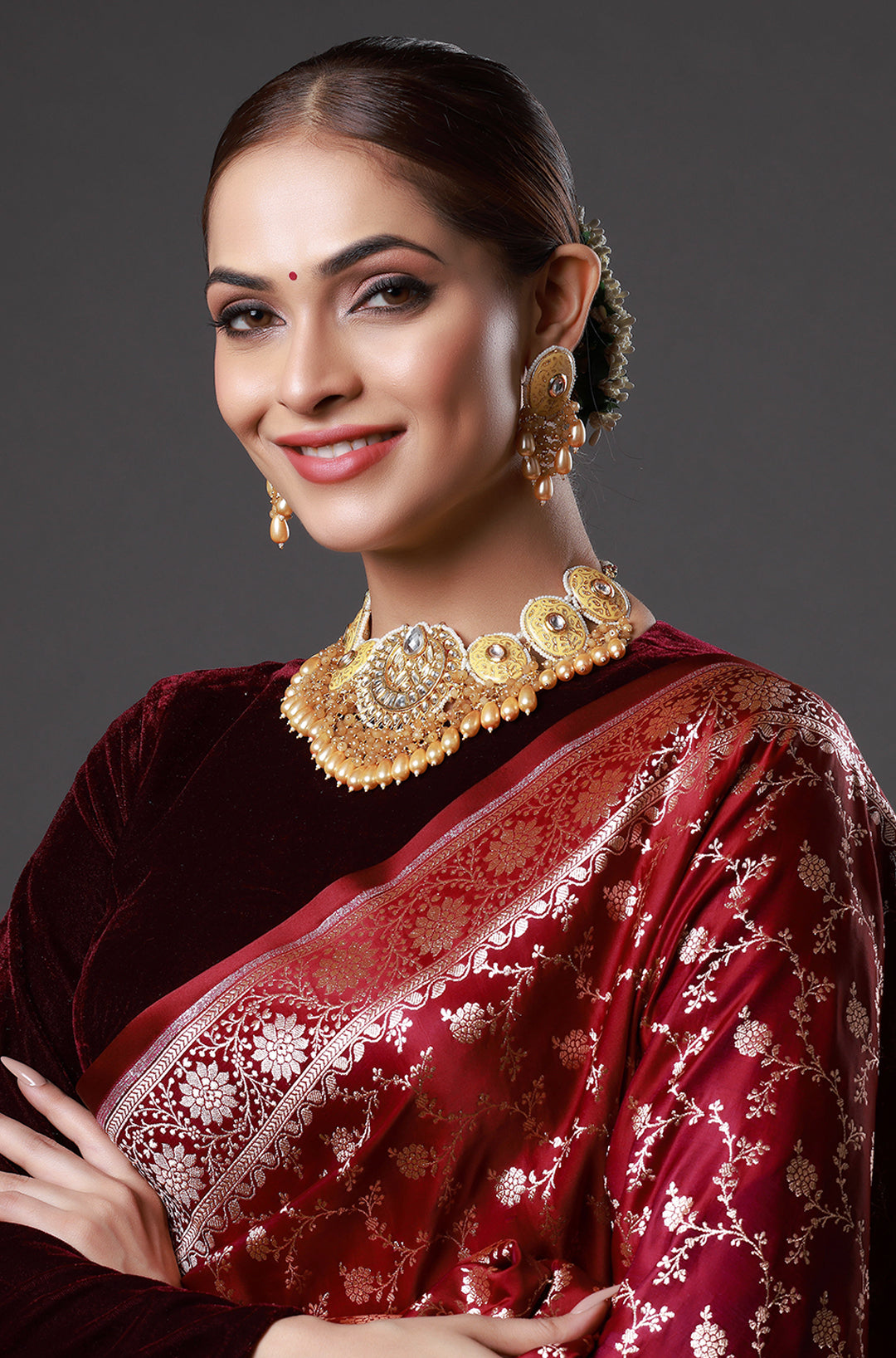 Yellow Pearl & Kundan Embellished Meenakari Necklace