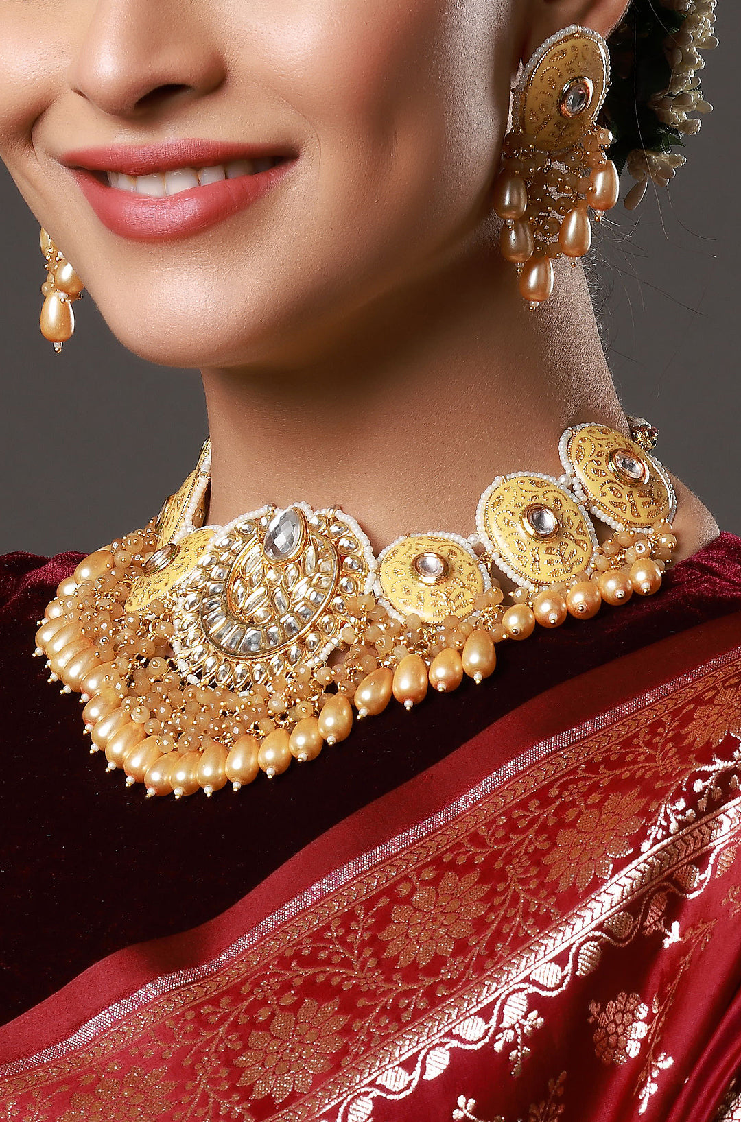 Yellow Pearl & Kundan Embellished Meenakari Necklace