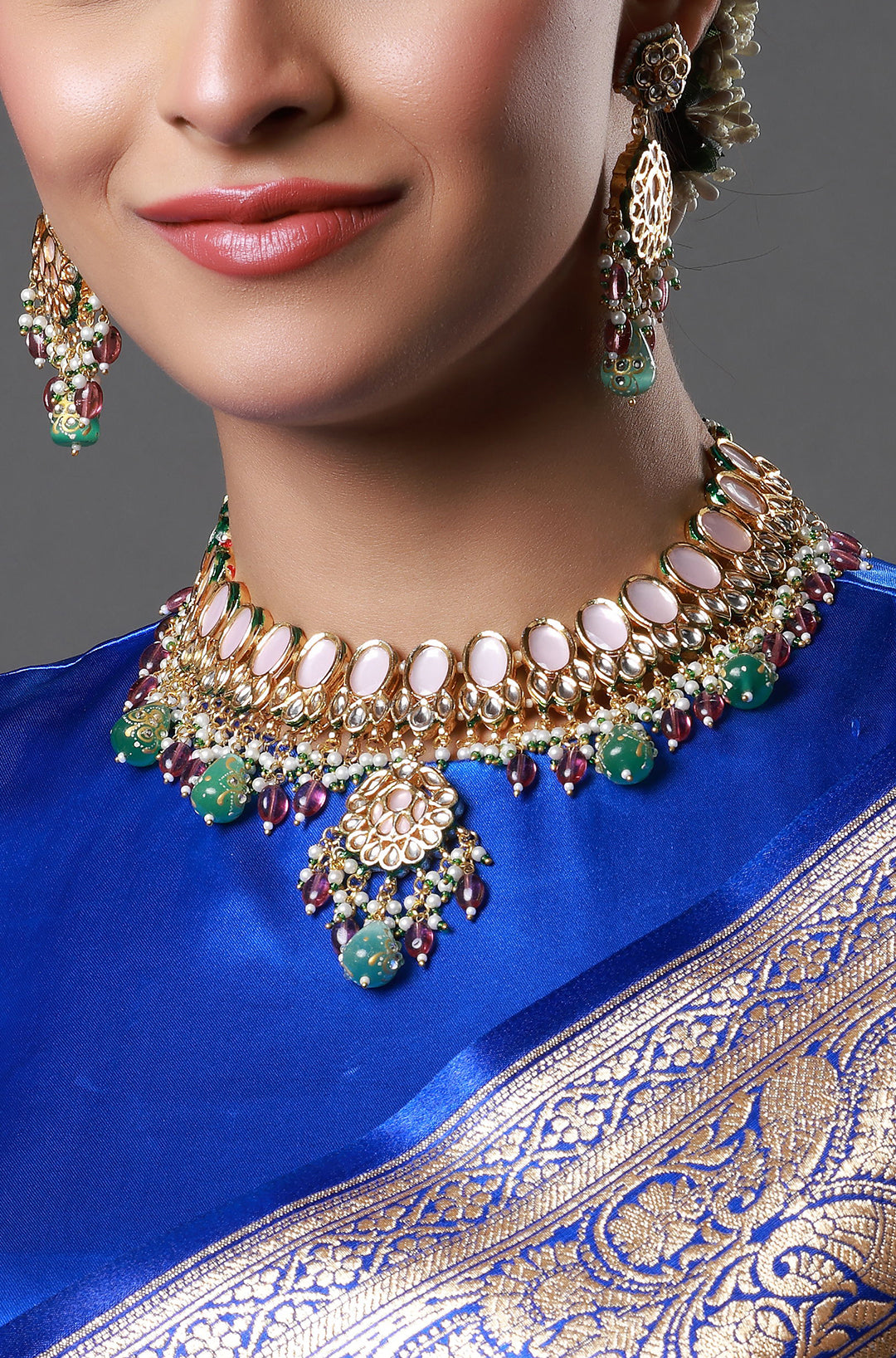 Pink & Blue Gold-Plated Kundan-studded & Beaded Choker Necklace