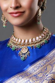 Pink & Blue Gold-Plated Kundan-studded & Beaded Choker Necklace
