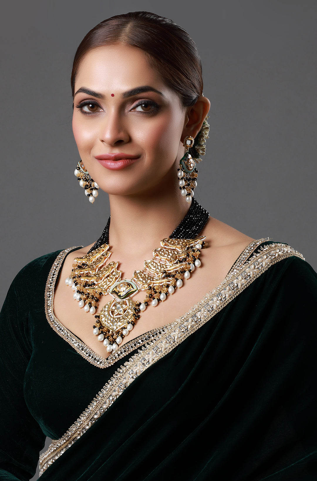 Gold Plated Kundan Polki Beads Bridal Choker Necklace & Jhumka