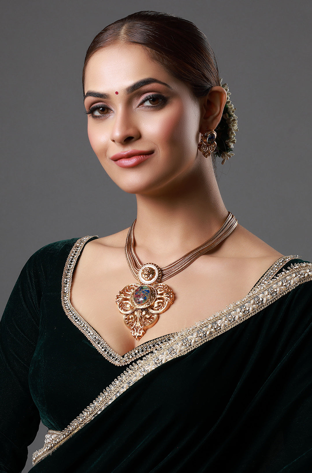 Unique Multistrand Necklace with Matte Gold Pendant & Jewel Accents