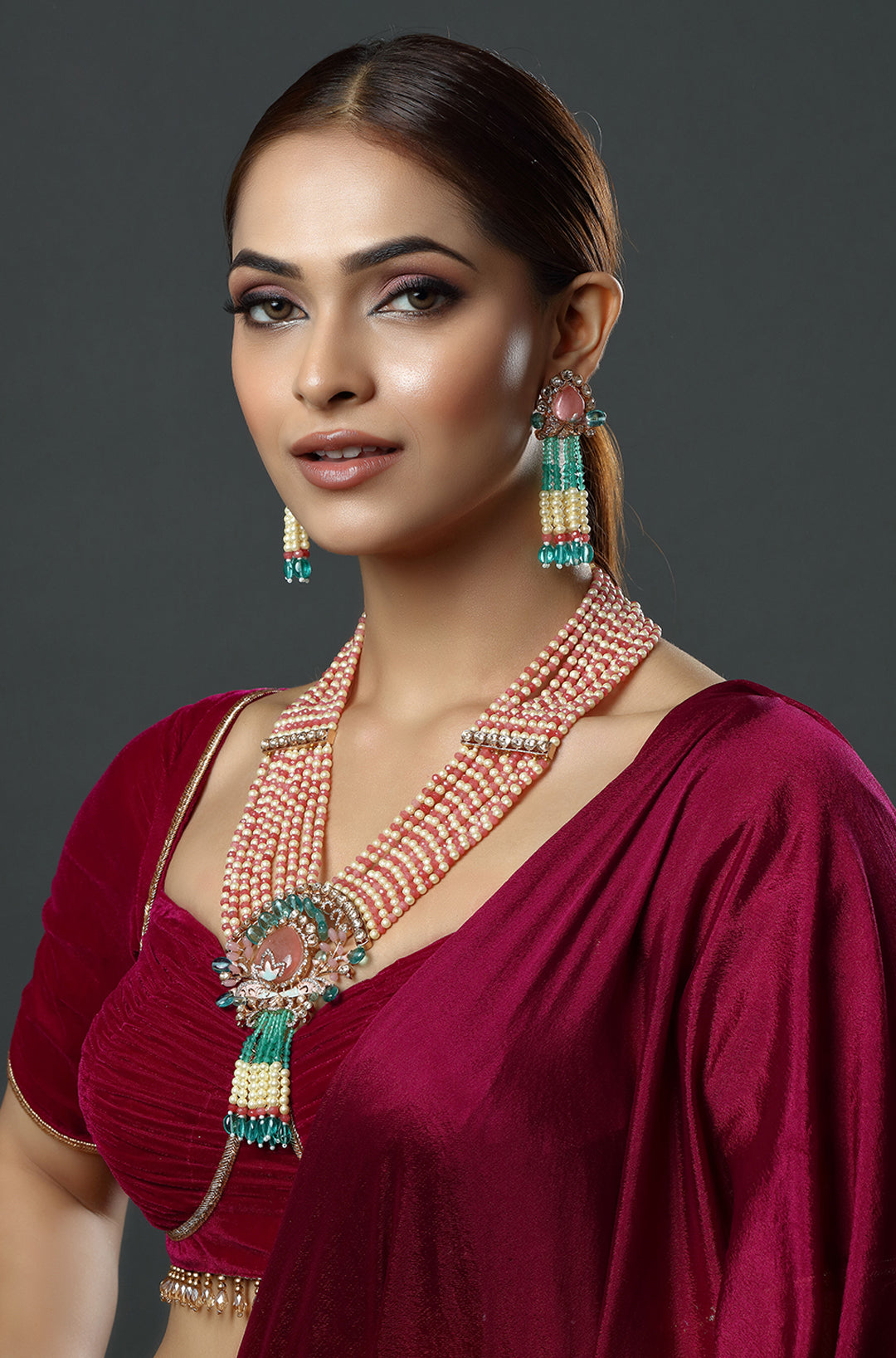 Gold-Plated Pink & Green Polki Designer Beaded Necklace